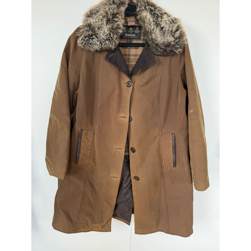 Barbour Bamburgh Waxed Cotton Coat Brown Faux Fur Trim  UK 16